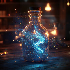 A magical potion in an empty glass bottle with glowing blue liquid, fantasy game concept art