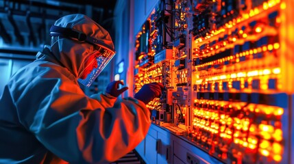 A technician in protective gear works on an intricate array of glowing electrical systems