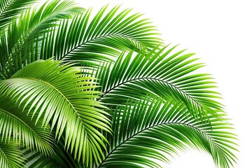 Wall Mural - lush green curved palm leaves isolated on white background overlay texture Panoramic