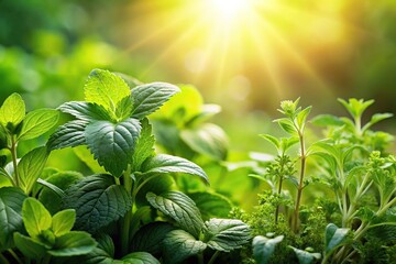 Lush green foliage with sunlight and spring herbs