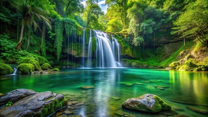 Wall Mural - Lush green forest landscape with a cascading waterfall plunging into a clear rock pool below Long Shot