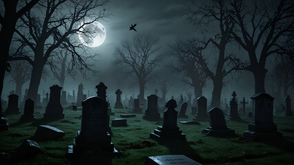 Spooky gravestones in a churchyard on a foggy winters mysterious night.
