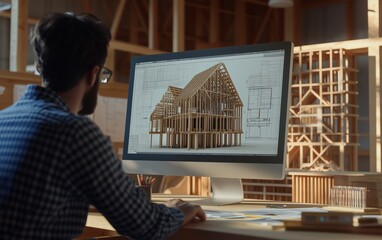 Architect working structural calculations for wooden residential, commercial, and industrial buildings. Detailed 3D models of wooden structures on a computer screen, blueprints, technical drawings