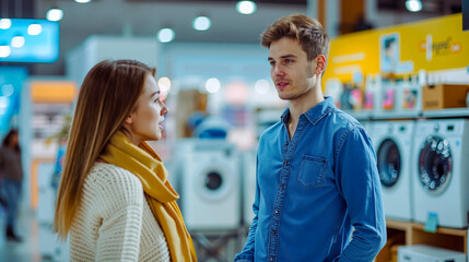 A man and a woman standing in front of a washing machine