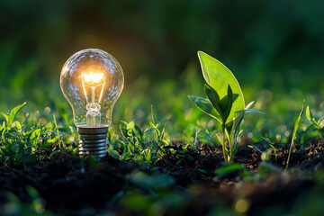 A glowing light bulb beside a small green plant symbolizes renewable energy, sustainability, and the fight against climate change through eco-friendly innovation and growth. Generative AI