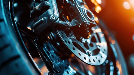 Close-up of a motorcycle brake disc and caliper.