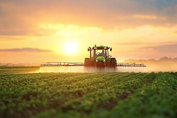 Farmer is driving a tractor spraying crops in a field with a beautiful sunset in the background. The image evokes concepts such as agriculture, farming, and food production