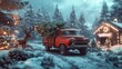 © Alena - Vintage red truck with Christmas tree in back. Traditional Christmas scene with magical holiday atmosphere, decorated house with lights, woods. 3d rendering. Retro Christmas wallpaper, banner, poster
