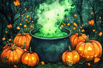 A vibrant Halloween scene featuring a bubbling green cauldron surrounded by carved pumpkins amidst a dark, eerie forest.