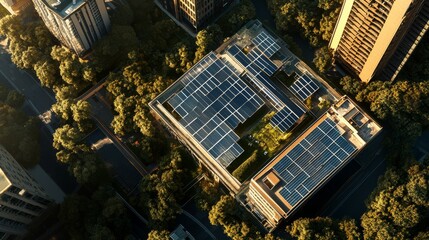 Wall Mural - Aerial view of a modern building with solar panels, surrounded by trees in an urban environment, highlighting sustainability and architectural design.