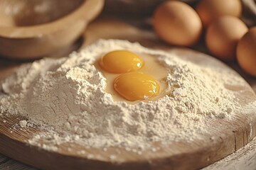 Two cracked eggs are lying in a heap of flour on a wooden board, ready for mixing into dough. The image evokes a feeling of homey warmth and preparing food with fresh ingredients