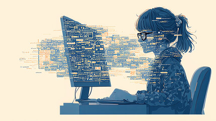 Young female programmer immersed in digital coding world