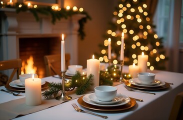 festive Christmas table decorated with New Year's decor, plates and glasses for the festive dinner	