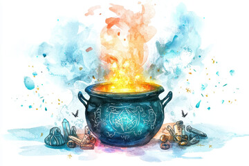 A mystical cauldron emits vibrant flames and colorful smoke, surrounded by decorative elements, evoking a sense of magic and enchantment.