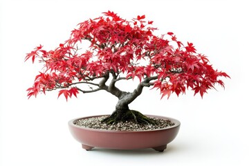 A Japanese Red Maple bonsai tree in a ceramic pot isolated on a white background