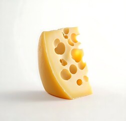 A piece of Swiss cheese with holes on a white background