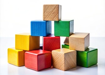 Elevate your educational and creative endeavors with this high dynamic range image of wooden blocks set against a white background, highlighting intricate details and vivid colors.