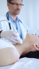 Wall Mural - Doctor man wearing white protective gloves is using ultrasound machine to examine neck of female patient in hospital. Medicine, thyroid gland health