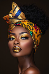 Sticker - portrait of an African model wearing a head wrap and shiny golden makeup 