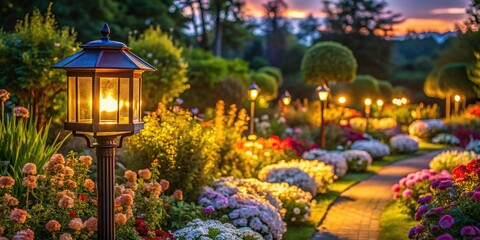 Luxury flower garden at evening with lantern light