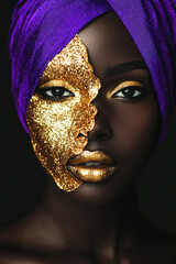 Poster - portrait of a dark-skinned woman wearing a vibrant purple headwrap, with one side of her face painted  in a metallic gold leaf mask,