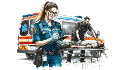 Watercolor illustration portrait of a female paramedic worker working with male co worker in roadside emergency.