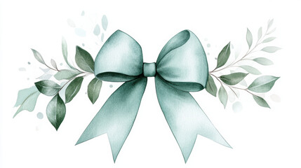 beautiful teal satin bow surrounded by delicate green leaves and soft foliage creates serene and ele