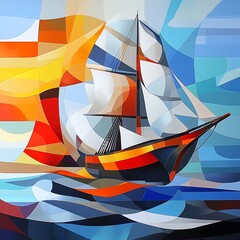 Wall Mural - Abstract Sailboat on Blue Water with Geometric Shapes.