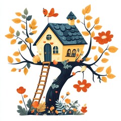 Treehouse Illustration with Yellow, Orange, and Blue Colors