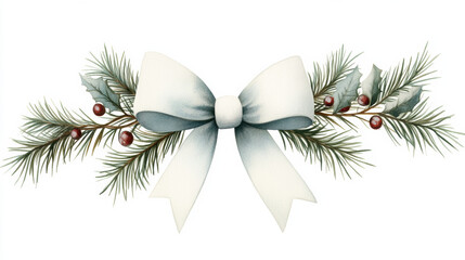 Wall Mural - beautiful snowy Christmas bow adorned with pine branches and holly berries creates festive and cheerful atmosphere. Perfect for holiday decorations and seasonal celebrations