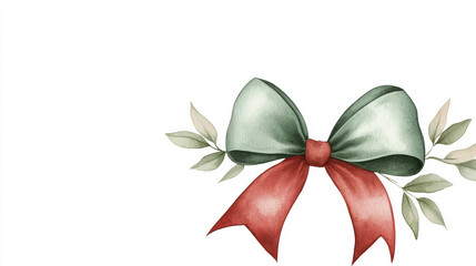 Wall Mural - beautiful traditional Christmas bow with satin finish, featuring green and red colors, surrounded by delicate leaves, perfect for festive decorations