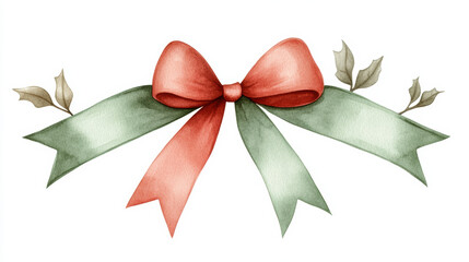 Wall Mural - beautiful traditional Christmas bow with satin finish, featuring red and green ribbons adorned with holly leaves, perfect for festive decorations