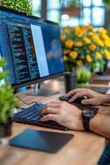 A front view of a team of developers working on a new app, coding and testing on their computers