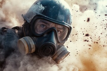 A person wearing a heavy-duty protective gas mask and helmet is caught in an explosion