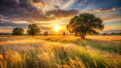 sunset in the field. field, sky, landscape, grass, sunset, nature, meadow, green, sun, summer, cloud, clouds, sunrise, tree, blue, rural, sunlight, horizon, farm, agriculture, countryside, autumn, spr