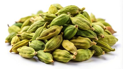 Wall Mural - Macro closeup of Organic Green or True cardamom with seeds isolated on white background Wide-Angle