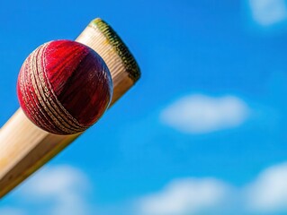 A cricket bat strikes a ball under a bright blue sky, capturing the dynamic spirit of the game.