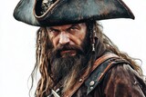 A rugged male pirate with a long brown beard and flowing hair, wearing a large tricorn