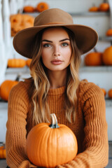 Stylish woman with pumpkin in autumn setting