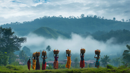 morning of Wangala Festival, people prepare themselves in Garo village for rituals, young women carry offerings on their heads, Ai generated images