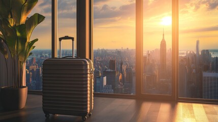 A Suitcase by a Window with a City View at Sunset