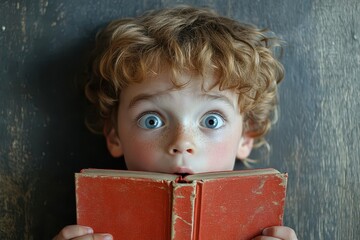 A child showing a puzzled look, holding a book upside down, isolated, soft lighting, medium-angle view