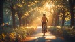 © pete99 - A cyclist rides through a tree-lined path as the sun sets, casting a golden glow.