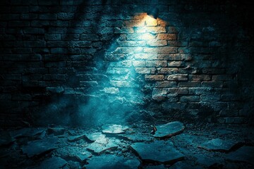 Wall Mural - A Single Light Illuminates a Dark and Crumbling Brick Wall