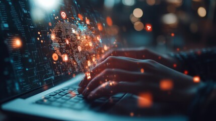 Hands typing on a laptop with a glowing digital world map, representing global connectivity and digital communication.