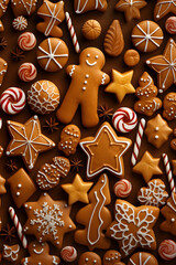 Wall Mural - Abstract background with Christmas gingerbread pieces and cookies on brown background. Vertical composition.