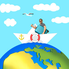 Wall Mural - Happy tourist with suitcase in paper boat on globe. Creative travel poster