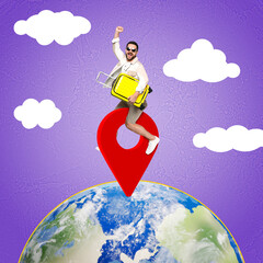 Wall Mural - Happy tourist with suitcase saddled red location mark on globe. Creative travel poster