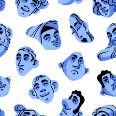 Endless background with stylized blue heads with sad or happy facial expressions. Repeatable pattern of bored, smile or neutral emotions on abstract peoples' faces. Flat seamless vector illustration