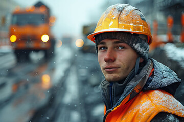 Road worker close-up, in helmet uniform, repair process with blurred background of professional equipment.